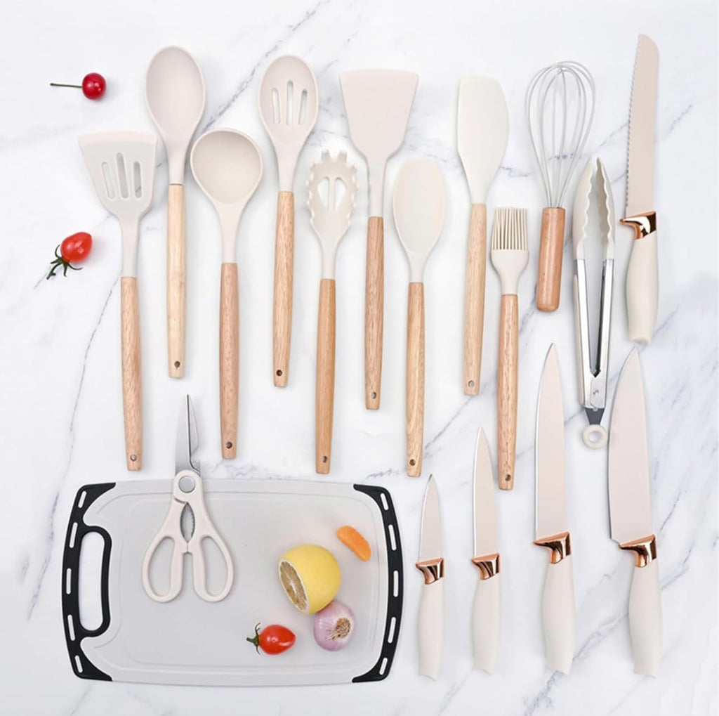 Downtown 19-Piece Kitchen Utensil Set with Knives, Scissors, Whisk, Tongs, Cutting Board and Holders, Black