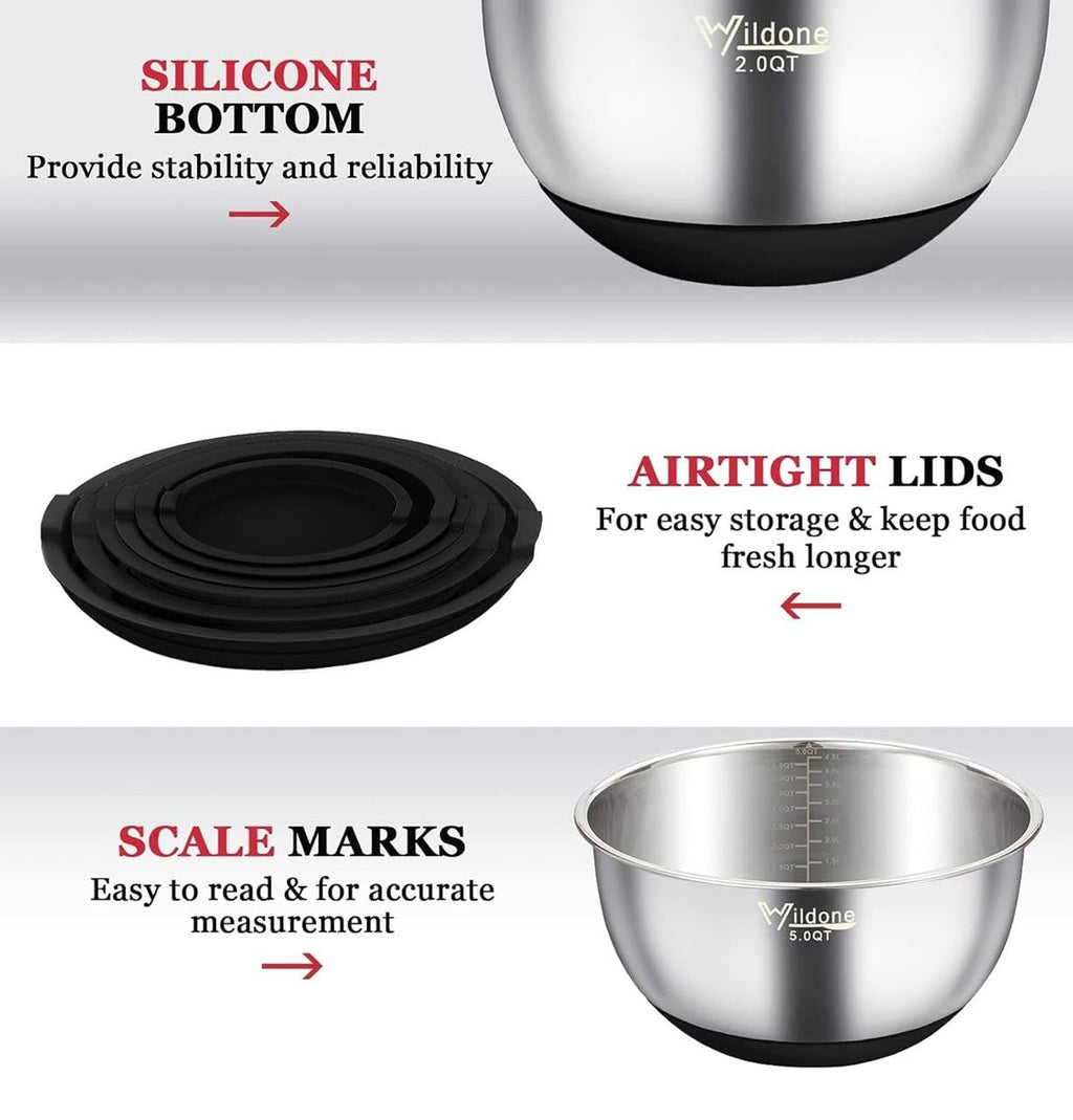 Downtown Stainless Steel Mixing Bowl Set with Airtight Lids, Kitchen Prep Bowls for Mixing Serving Storing Baking Cooking and Salads