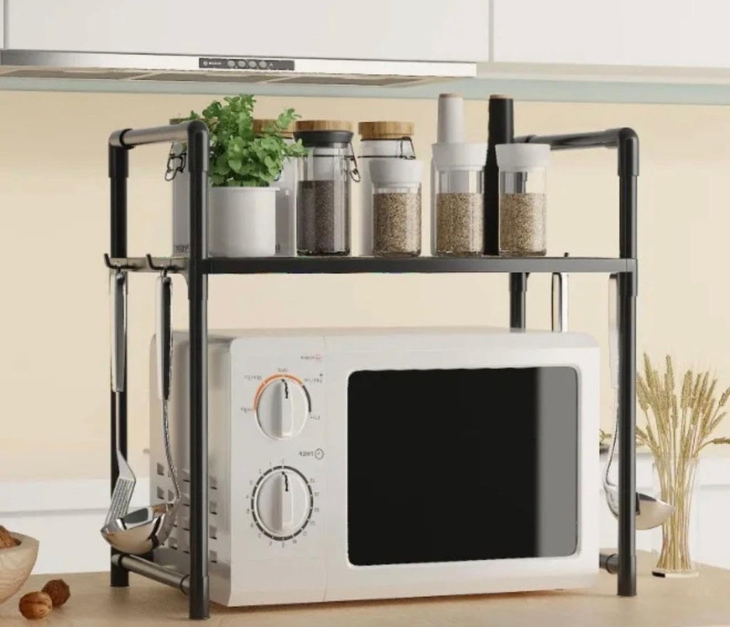 Downtown Microwave Oven Storage Rack 2 Tier, Kitchen Organizer Shelf for Countertop Appliances Spices Plates Cookware and Kitchen Tools