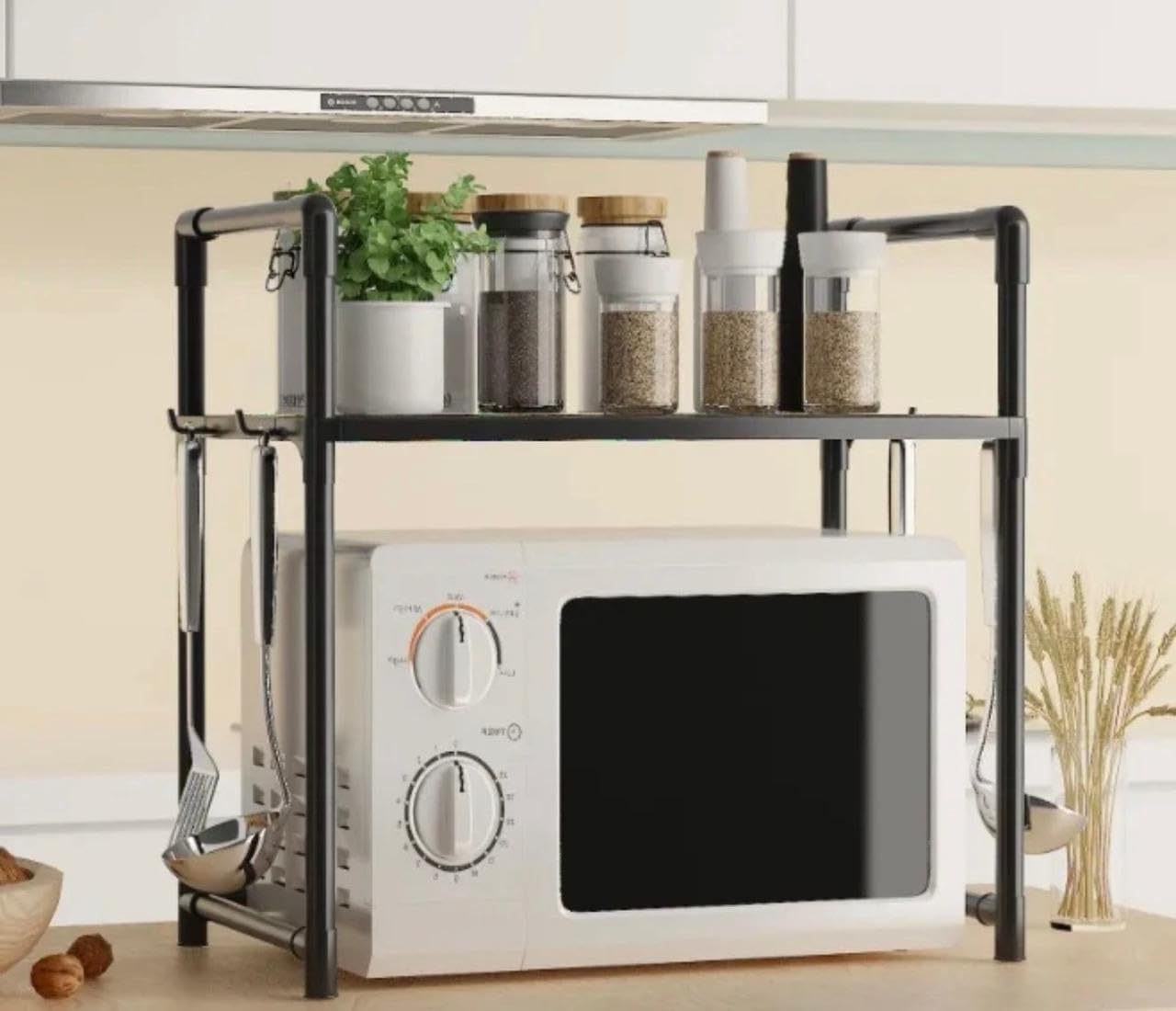 Downtown Microwave Oven Storage Rack 2 Tier, Kitchen Organizer Shelf for Countertop Appliances Spices Plates Cookware and Kitchen Tools