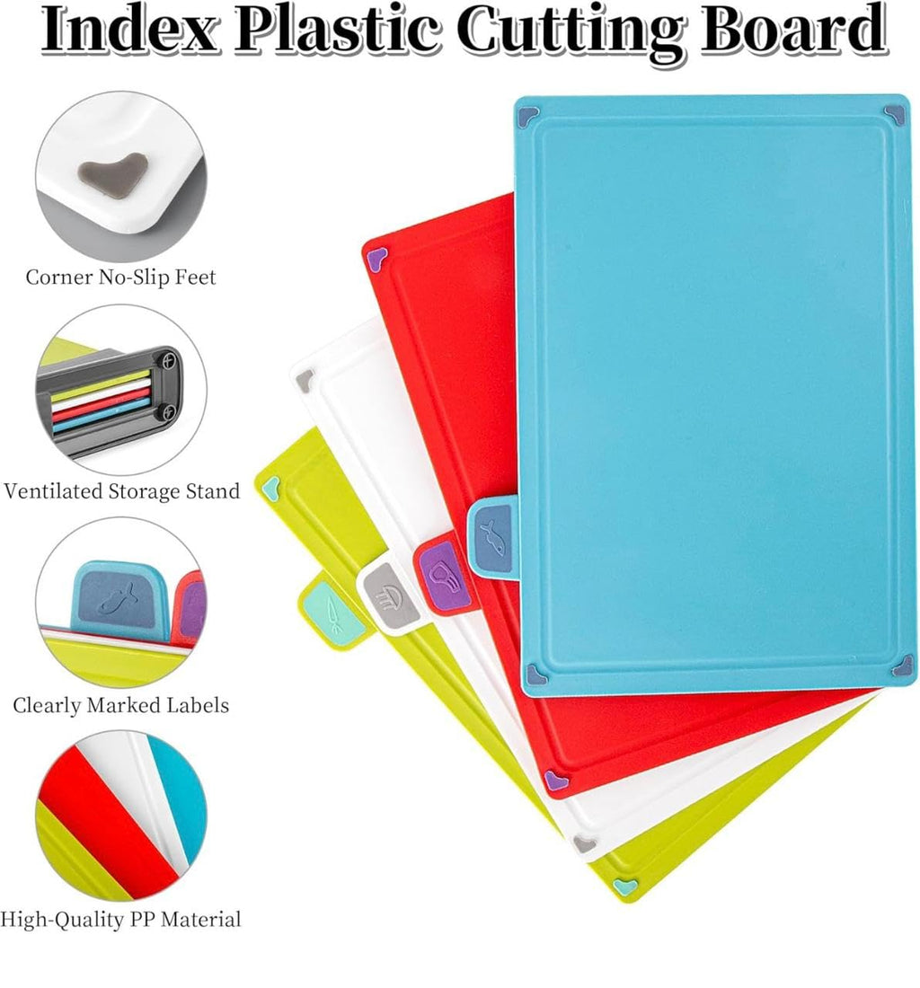 Downtown Color Coded Flexible Cutting Board Set with Storage Stand, 4 Piece Kitchen Boards for Meat Fish Vegetables and Bread
