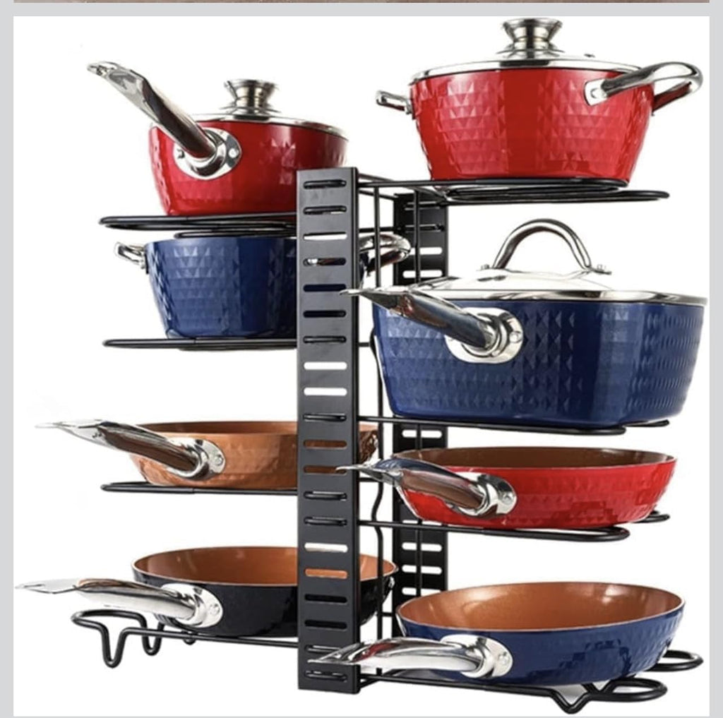 Downtown Adjustable Pot and Pan Organizer Rack Multi Tier Kitchen Cookware Holder for Cabinets Countertops or Upright Storage