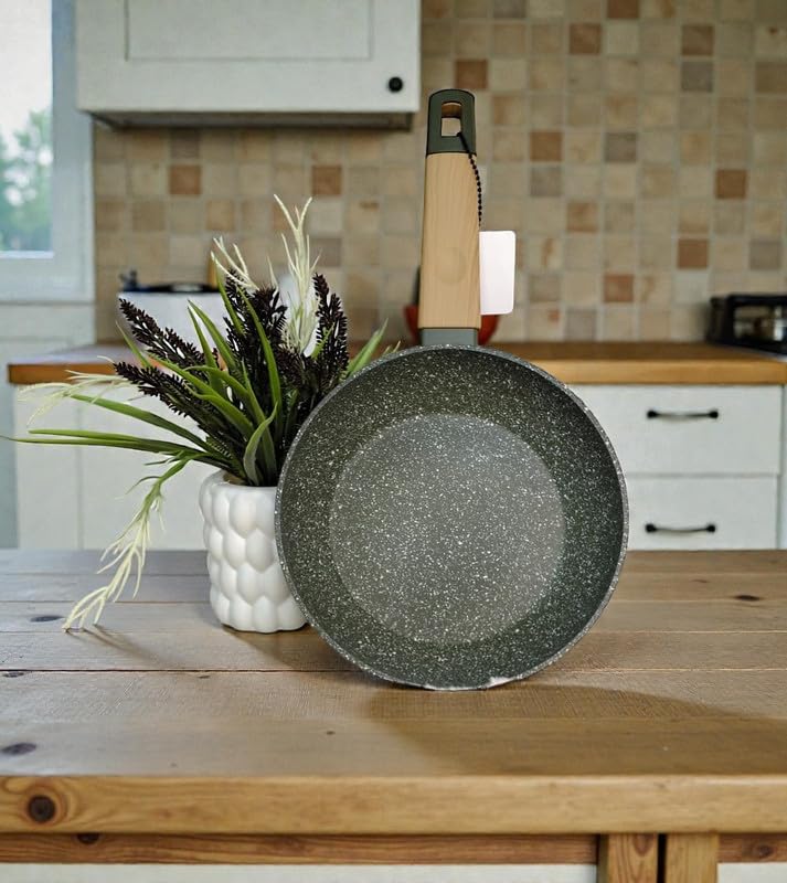 DOWNTOWN Nonstick Granite Frying Pan – Induction Base & Wood-Look Handle, Scratch-Resistant Stone Coating Skillet for Daily Cooking, Easy Clean, PFOA-Free-Granite