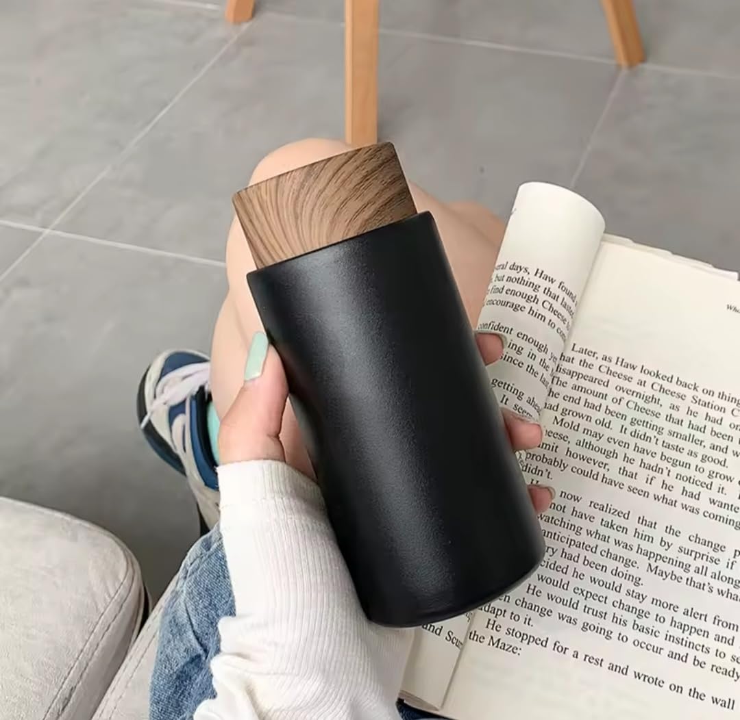 Downtown Insulated Coffee Mug with Wooden Lid, 260ml Stainless Steel Travel Cup, Leak-Resistant Thermal Mug for Hot and Cold Drinks Office Travel and Daily Use(Black)