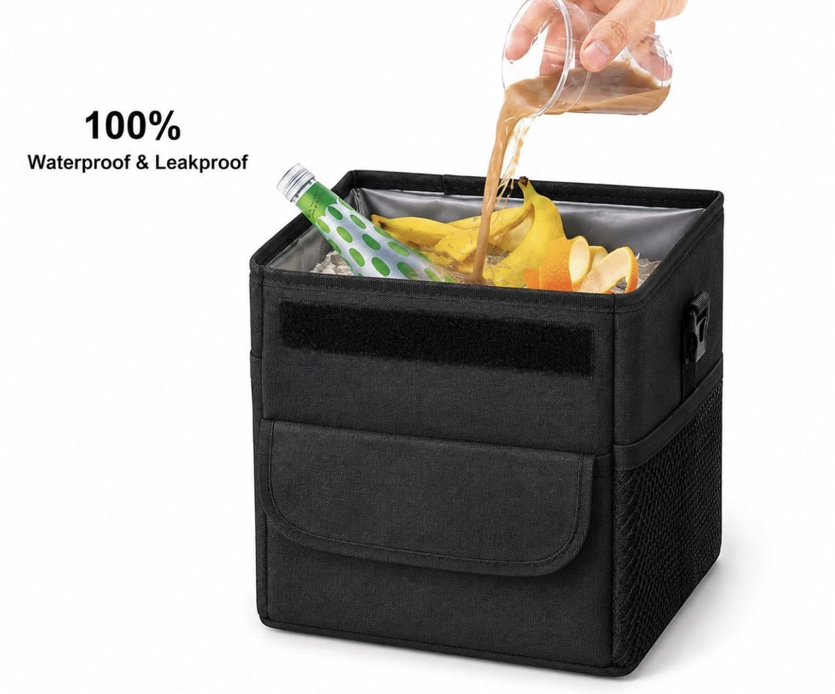 Downtown Car Seat Hanging Trash Bin Organizer Set of 2, Black Foldable Waterproof Storage Bags for Car Back Seat Organization