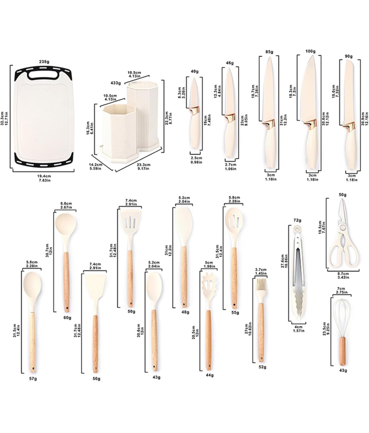 Downtown 19-Piece Kitchen Utensil Set with Knives, Scissors, Whisk, Tongs, Cutting Board and Holders, Black