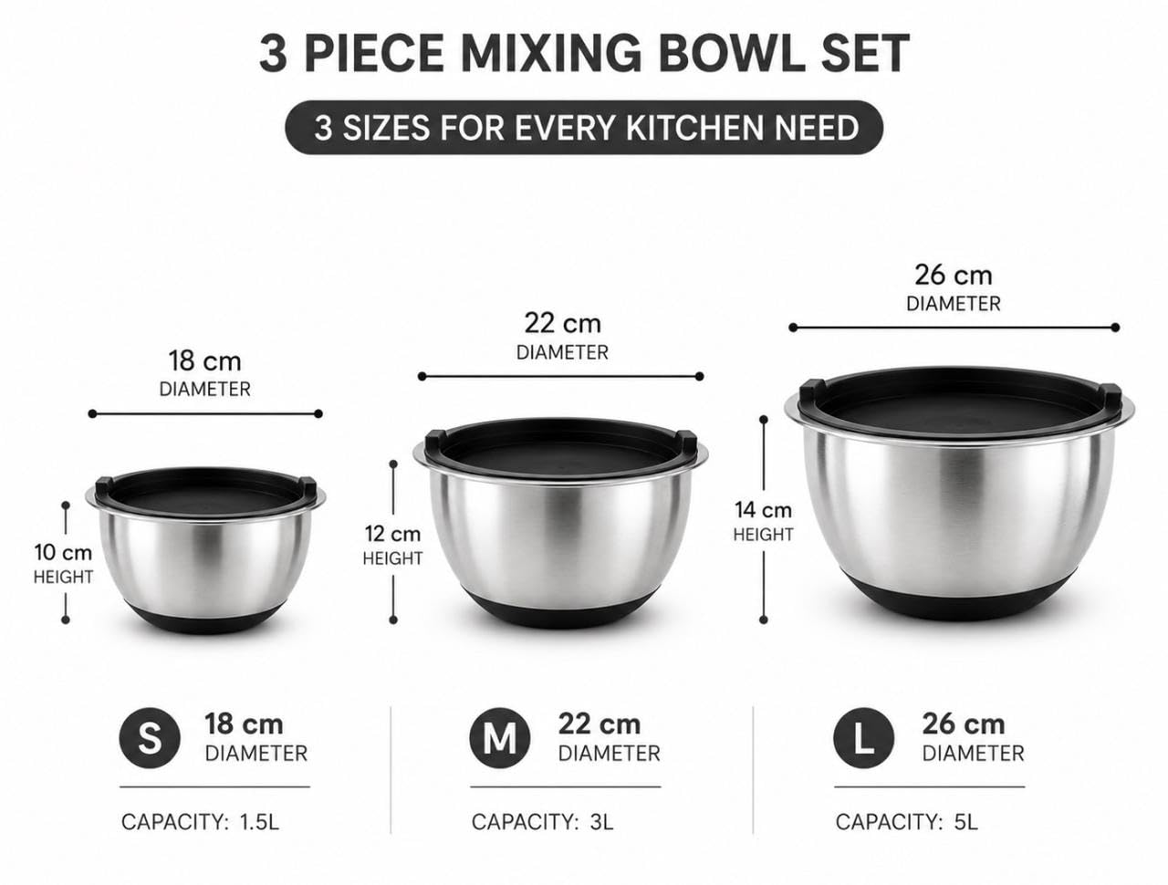 Downtown Stainless Steel Mixing Bowl Set with Airtight Lids, Kitchen Prep Bowls for Mixing Serving Storing Baking Cooking and Salads
