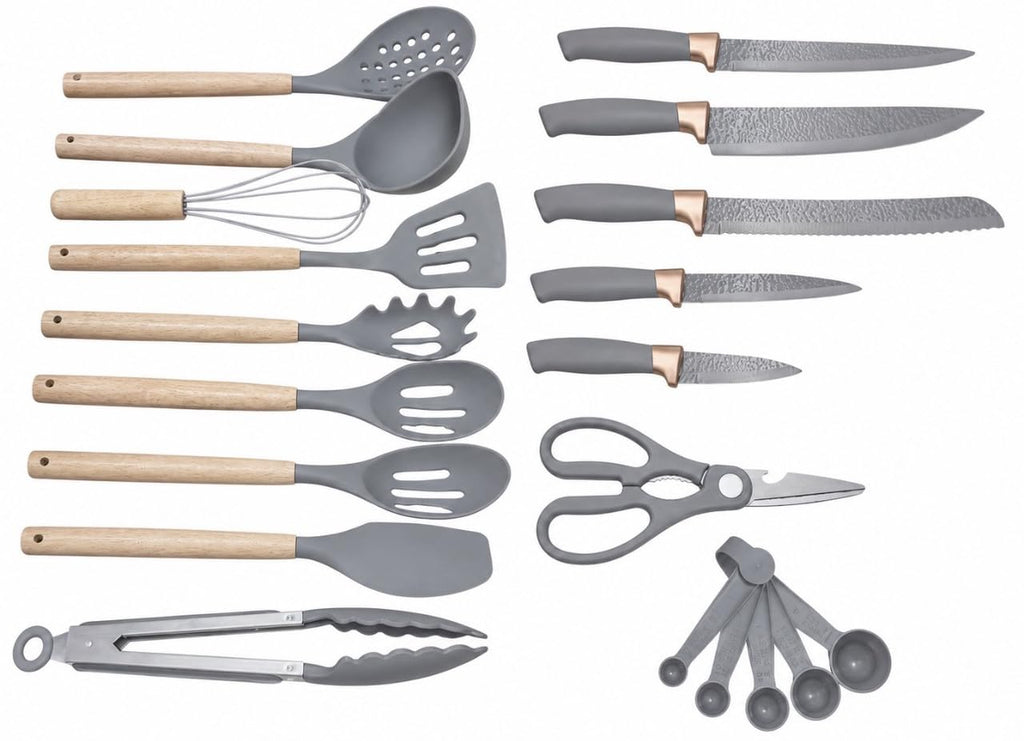Downtown 21 Piece Kitchen Utensil Set with Rotating Holder Base, Grey Silicone Cooking Tools for Nonstick Cookware, Baking and Daily Meal Prep,Grey