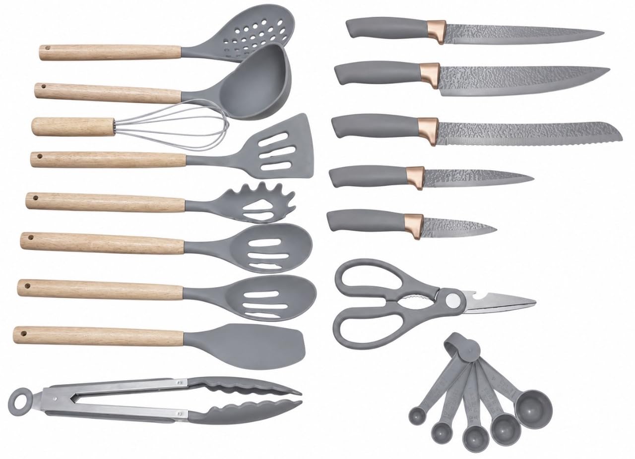 Downtown 21 Piece Kitchen Utensil Set with Rotating Holder Base, Grey Silicone Cooking Tools for Nonstick Cookware, Baking and Daily Meal Prep,Grey