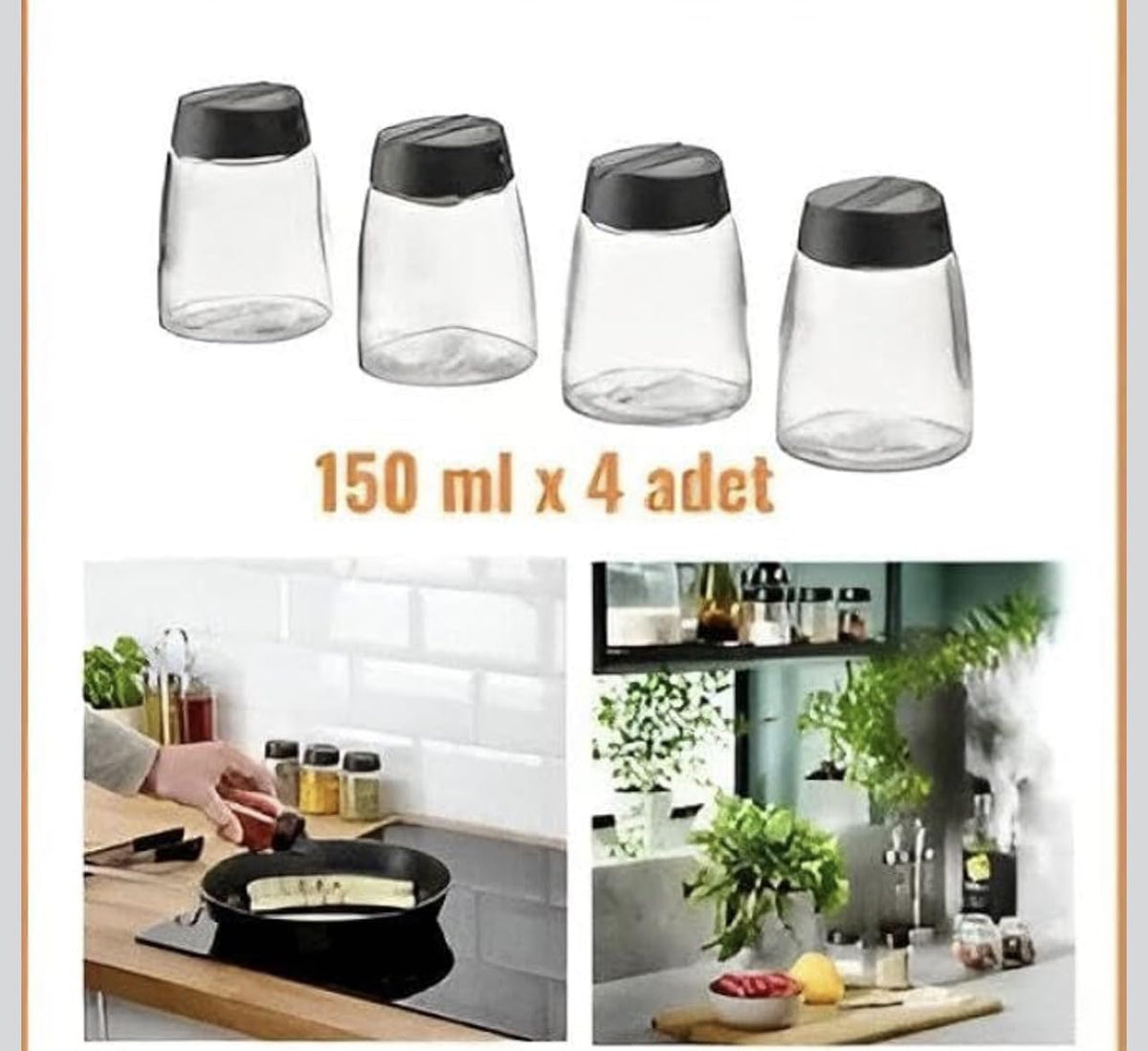 Downtown 4-Piece Glass Spice Jar Set, Kitchen Storage Bottles with Black Lids, Seasoning Container Organizer