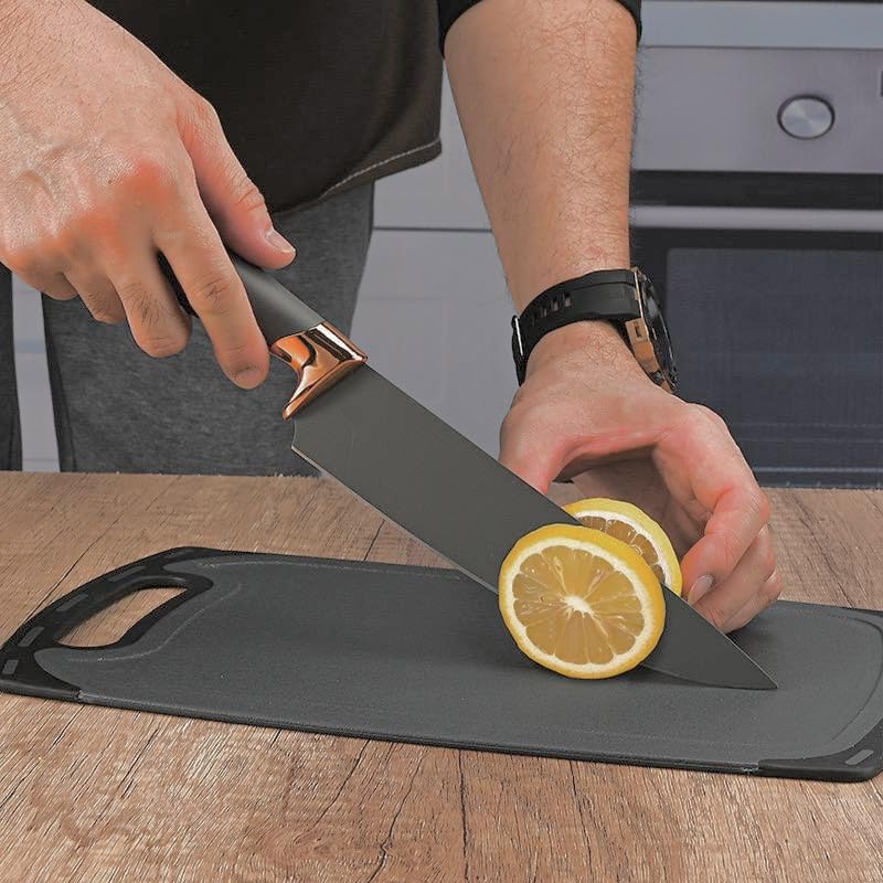 Downtown 19 Piece Kitchen Utensil Set with Knives, Scissors, Whisk, Tongs, Cutting Board and Holders, grey