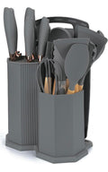 Downtown 19 Piece Kitchen Utensil Set with Knives, Scissors, Whisk, Tongs, Cutting Board and Holders, grey