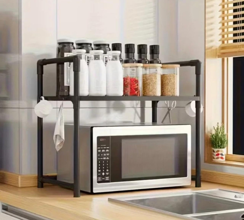 Downtown Microwave Oven Storage Rack 2 Tier, Kitchen Organizer Shelf for Countertop Appliances Spices Plates Cookware and Kitchen Tools