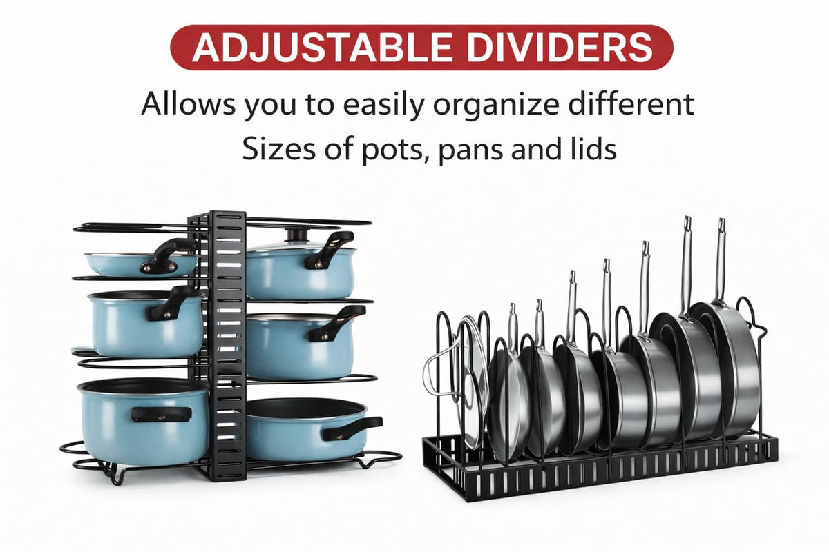 Downtown Adjustable Pot and Pan Organizer Rack Multi Tier Kitchen Cookware Holder for Cabinets Countertops or Upright Storage
