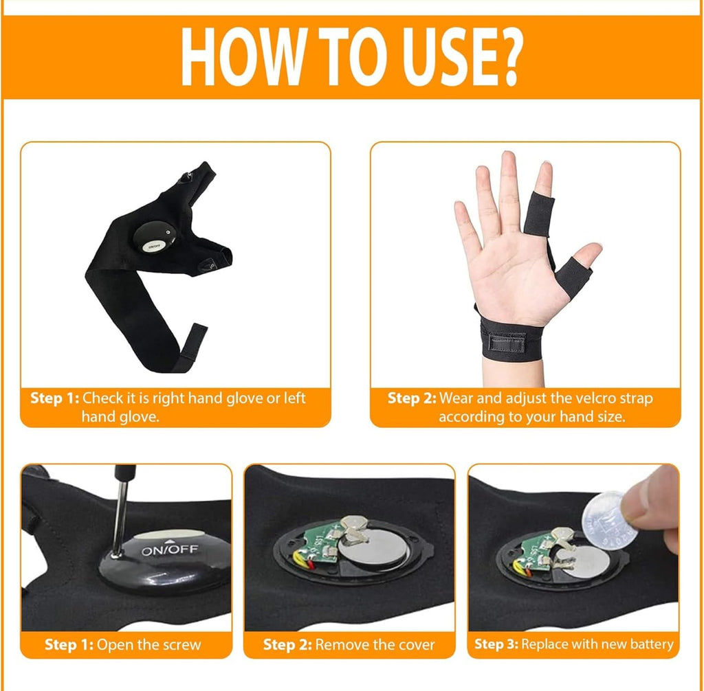 Downtown LED Work Gloves with Built-in Flashlight, Black Fingerless Light Glove, Elastic Waterproof Breathable Glove with Adjustable Velcro for Mechanics Plumbers and Handymen, One Glove