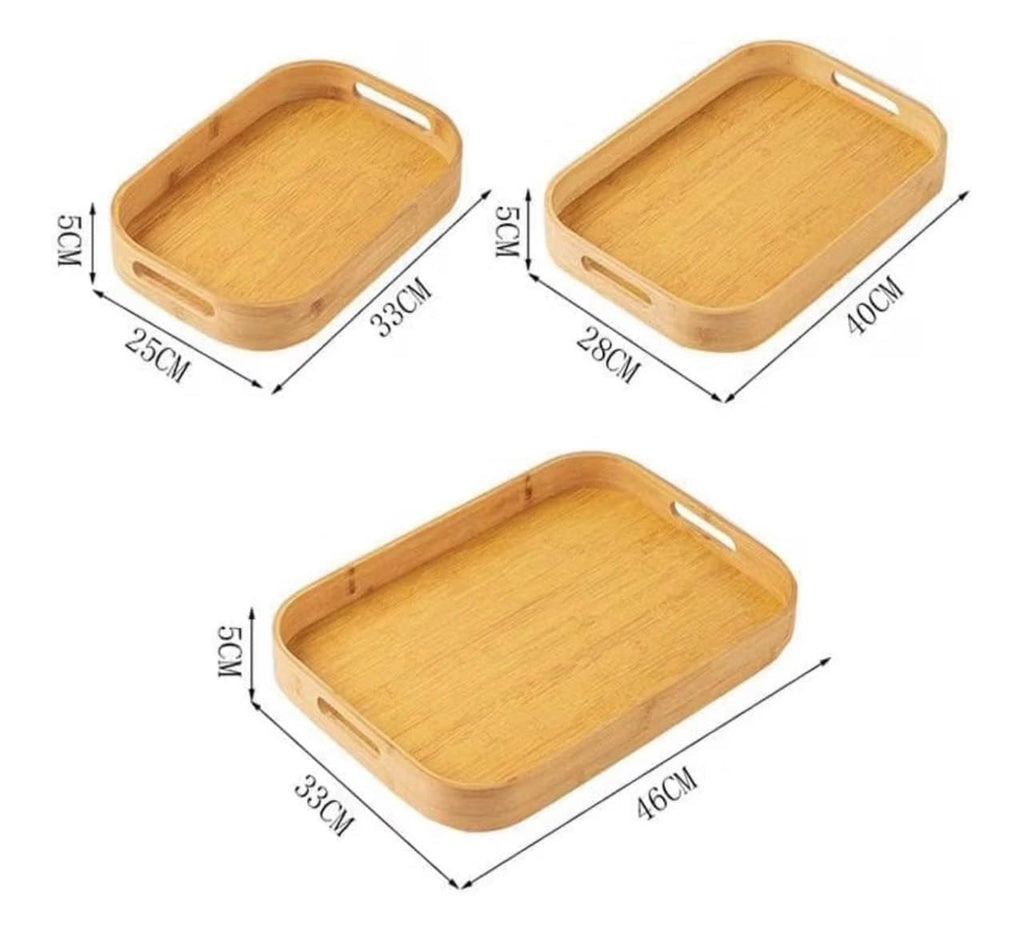 Downtown Bamboo Serving Tray Set of 3 with Handles, Natural Wood Finish