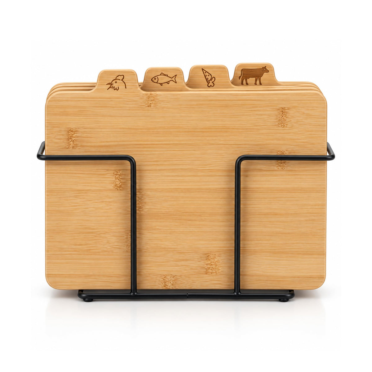 Downtown Bamboo Cutting Board Set, 4 Pieces with Metal Stand