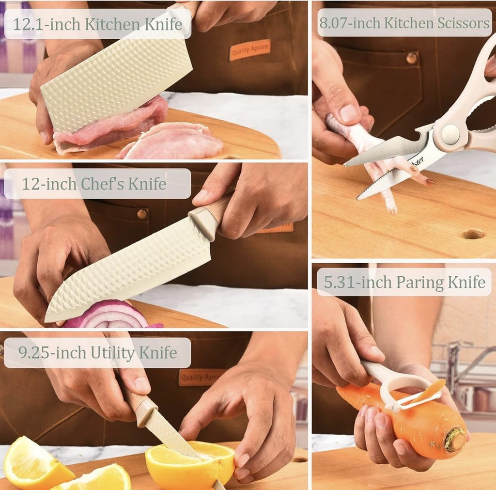 Downtown Kitchen Knife and Scissors Set with Holder, Stainless Steel Cooking Knife Kit, Practical Cutting Tools for Meal Prep and Kitchen Storage