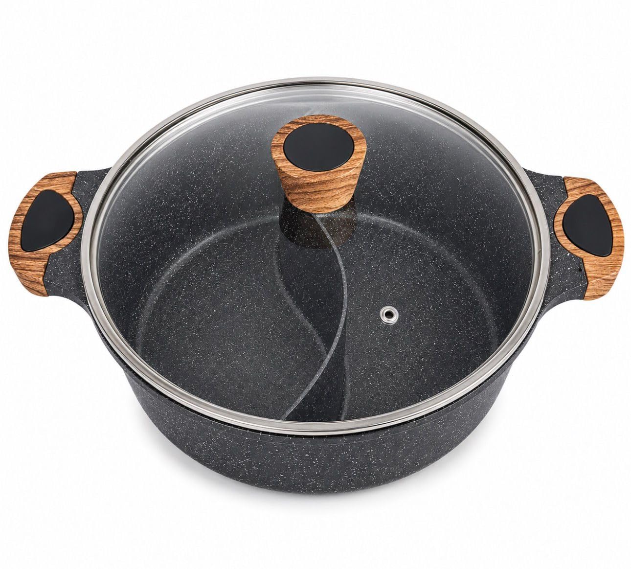 Downtown Nonstick Divided Cooking Pot 30 cm with Glass Lid, Dual Compartment Hot Pot Soup Cooker for Family Cooking and Shared Meals