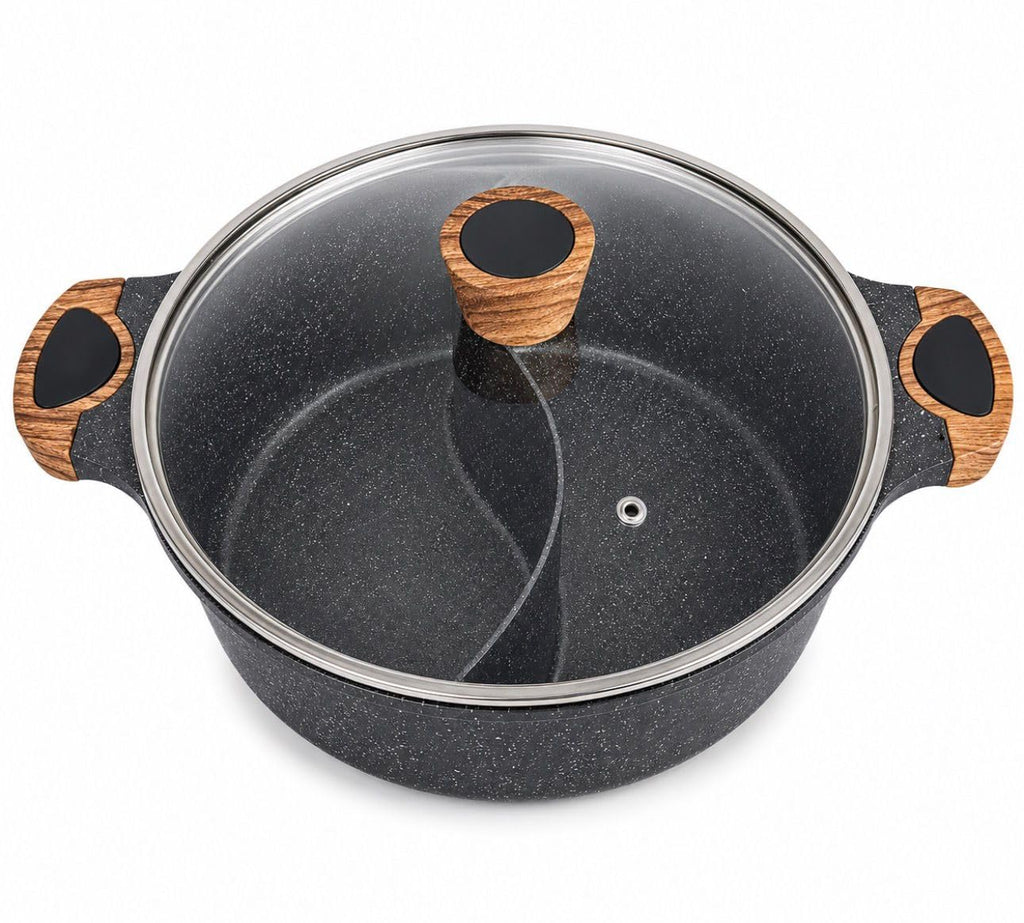 Downtown Nonstick Divided Cooking Pot 30 cm with Glass Lid, Dual Compartment Hot Pot Soup Cooker for Family Cooking and Shared Meals