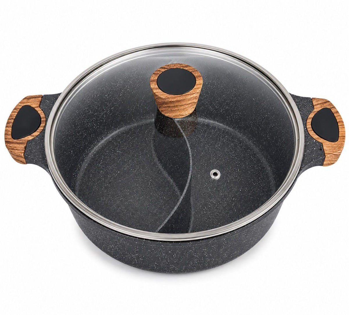 Downtown Nonstick Divided Cooking Pot 30 cm with Glass Lid, Dual Compartment Hot Pot Soup Cooker for Family Cooking and Shared Meals