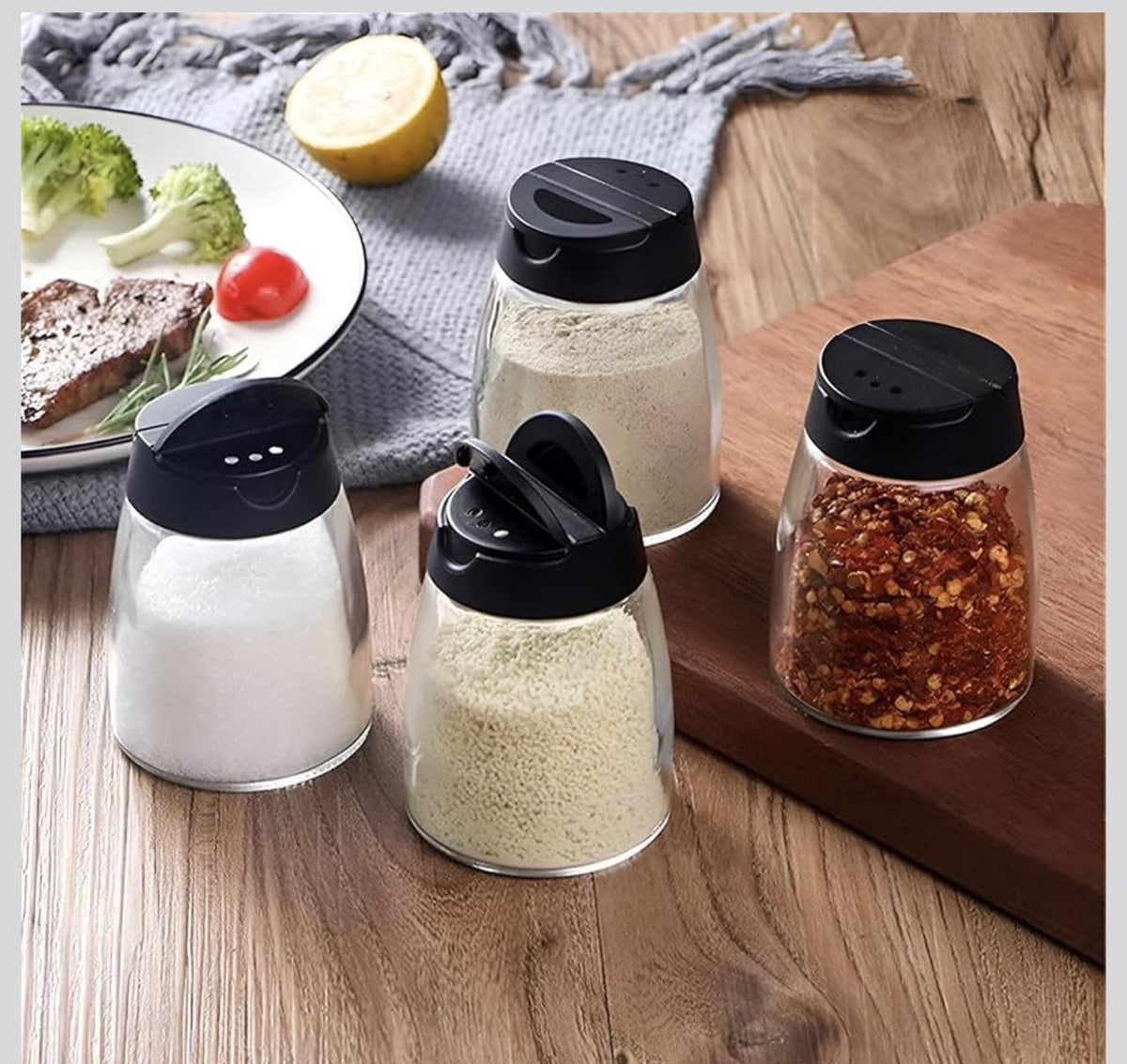 Downtown 4-Piece Glass Spice Jar Set, Kitchen Storage Bottles with Black Lids, Seasoning Container Organizer