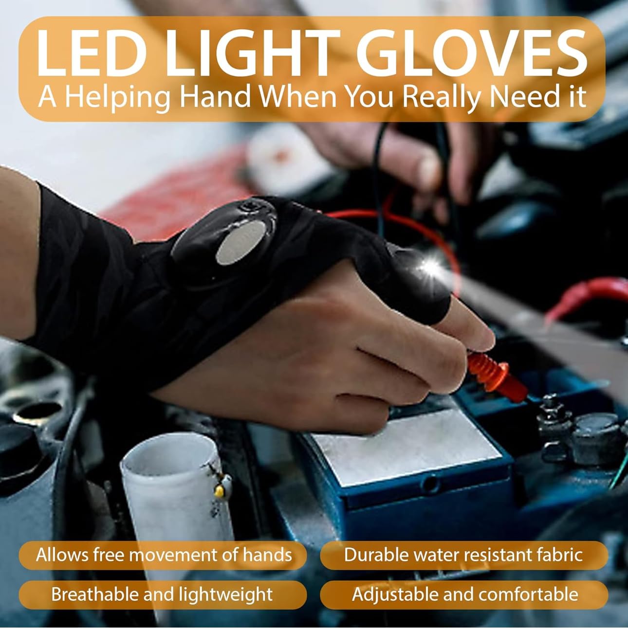 Downtown LED Work Gloves with Built-in Flashlight, Black Fingerless Light Glove, Elastic Waterproof Breathable Glove with Adjustable Velcro for Mechanics Plumbers and Handymen, One Glove