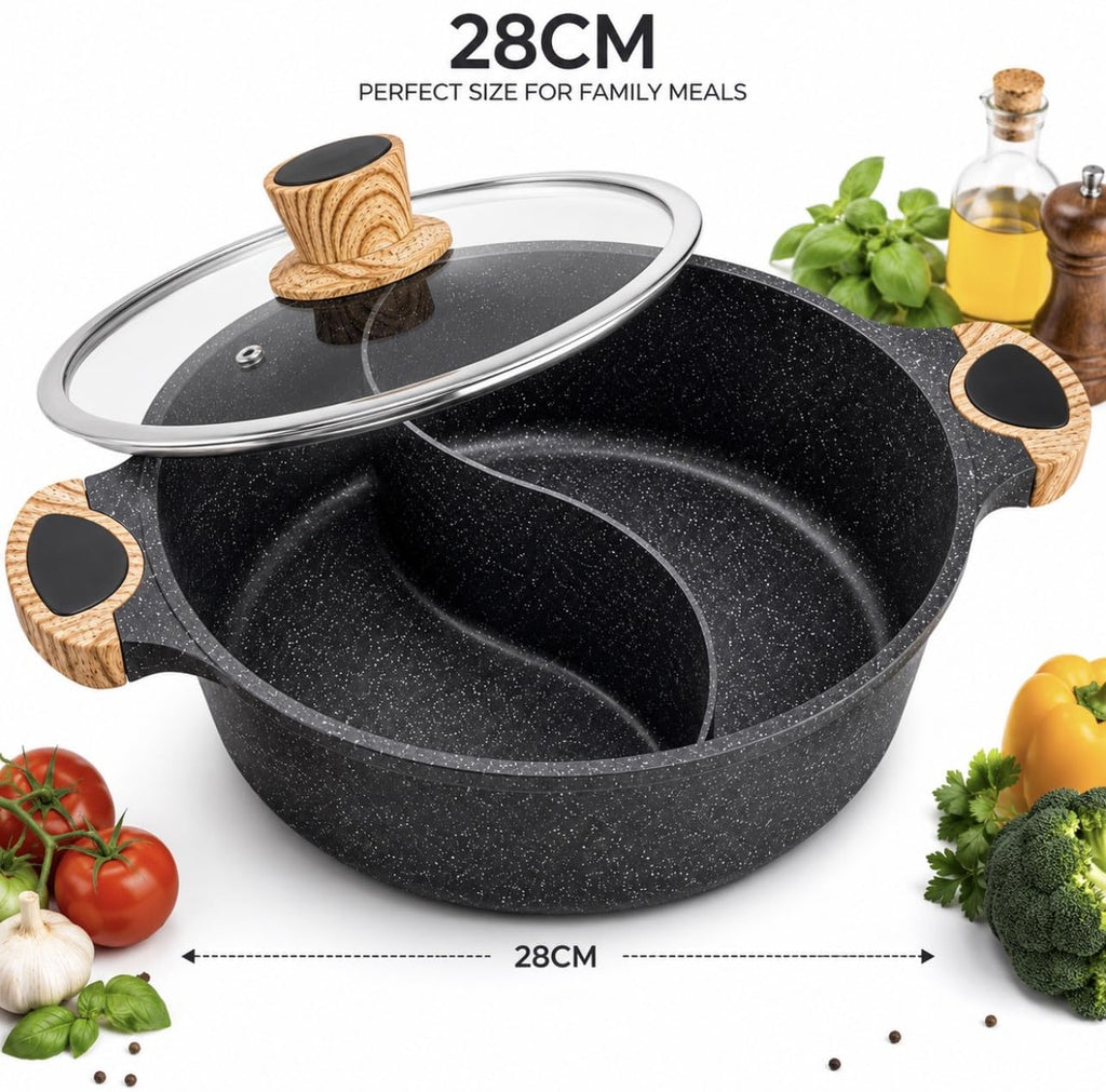 Downtown Nonstick Divided Cooking Pot 30 cm with Glass Lid, Dual Compartment Hot Pot Soup Cooker for Family Cooking and Shared Meals