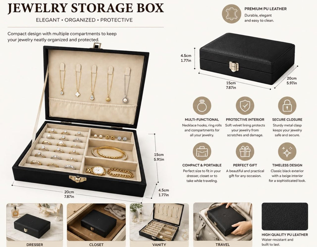 Downtown Luxury Jewelry Organizer Box, Black Storage Case with Necklace Holder Ring Tray Earring Compartments and Secure Clasp Closure