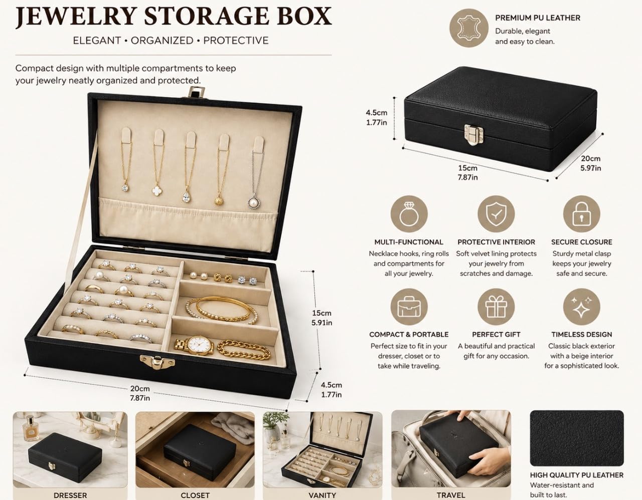Downtown Luxury Jewelry Organizer Box, Black Storage Case with Necklace Holder Ring Tray Earring Compartments and Secure Clasp Closure