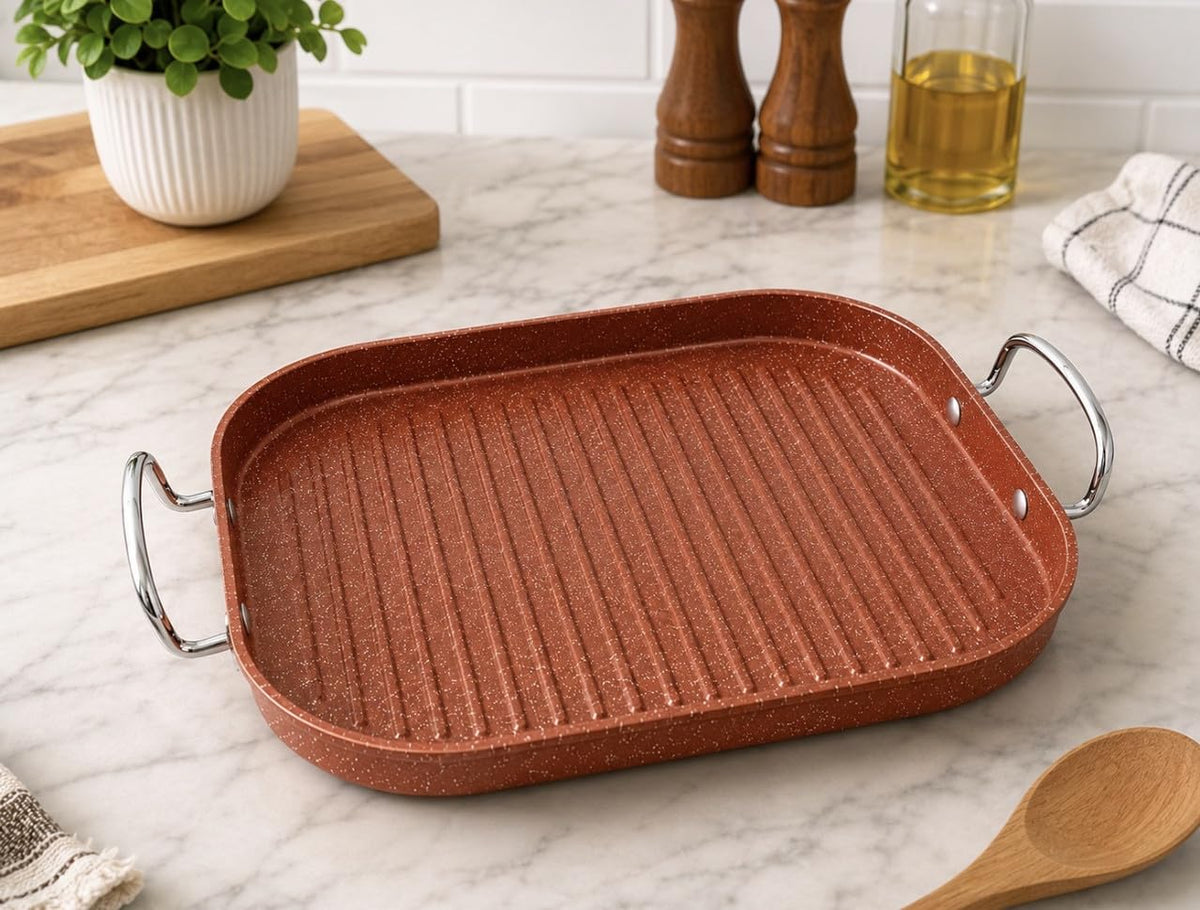 Downtown Nonstick Square Grill Pan 30 cm with Handles, Indoor Grill Tray for Meat Fish Vegetables Chicken and Stovetop Cooking