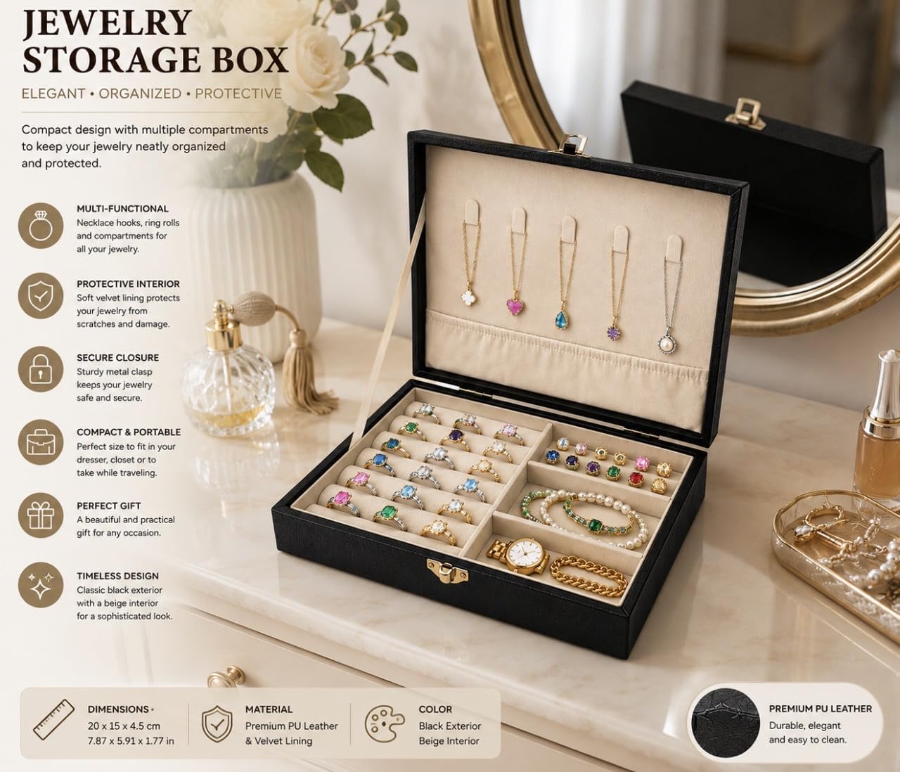 Downtown Luxury Jewelry Organizer Box, Black Storage Case with Necklace Holder Ring Tray Earring Compartments and Secure Clasp Closure
