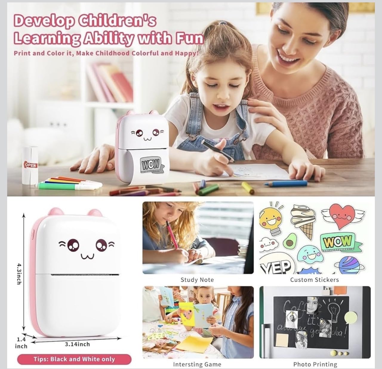 DOWNTOWN Cute Mini Thermal Printer – Inkless Bluetooth, Portable Black & White Printer for Notes, Stickers & Learning Fun (Pink)