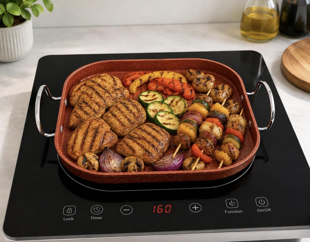 Downtown Nonstick Square Grill Pan 30 cm with Handles, Indoor Grill Tray for Meat Fish Vegetables Chicken and Stovetop Cooking