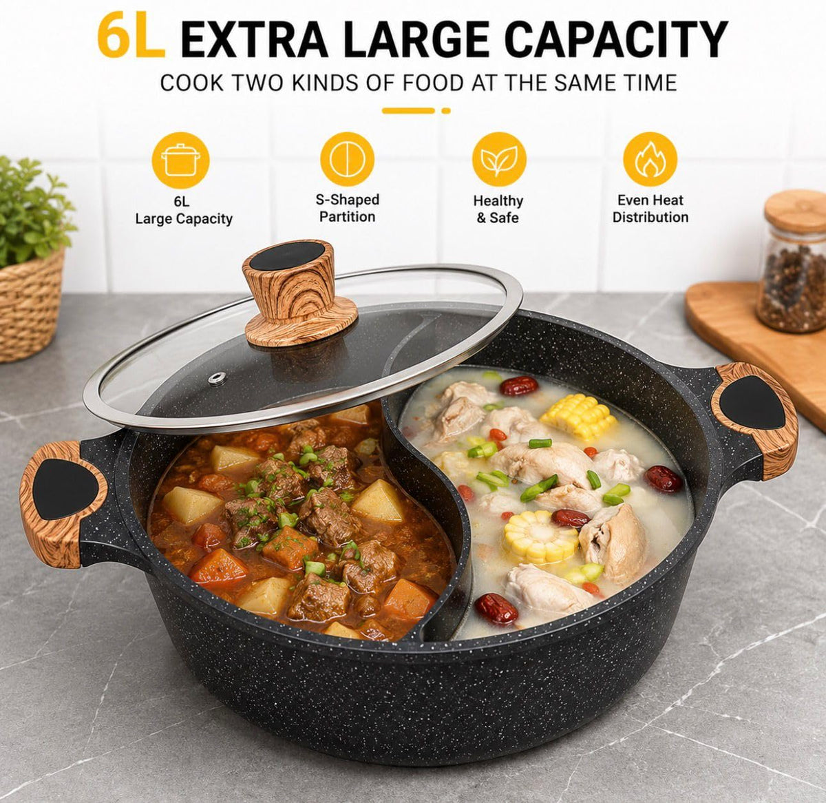 Downtown Nonstick Divided Cooking Pot 30 cm with Glass Lid, Dual Compartment Hot Pot Soup Cooker for Family Cooking and Shared Meals