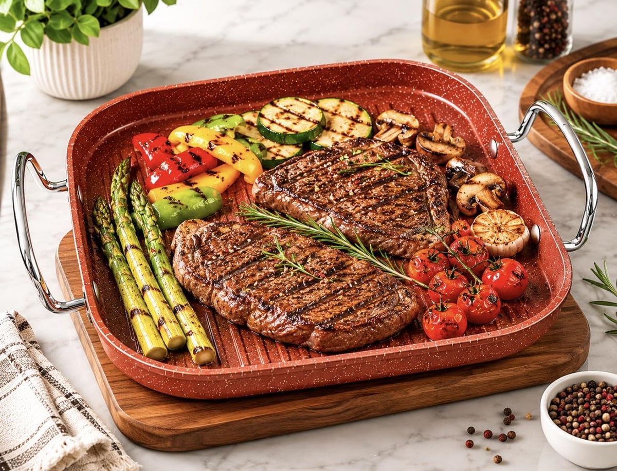 Downtown Nonstick Square Grill Pan 30 cm with Handles, Indoor Grill Tray for Meat Fish Vegetables Chicken and Stovetop Cooking