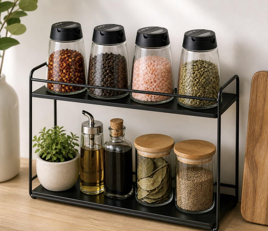 Downtown 4-Piece Glass Spice Jar Set, Kitchen Storage Bottles with Black Lids, Seasoning Container Organizer