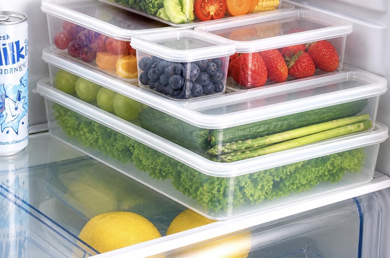 Downtown 6-Piece Airtight Food Storage Containers Set, Stackable Fridge Organizer Boxes for Kitchen Pantry Storage, Clear