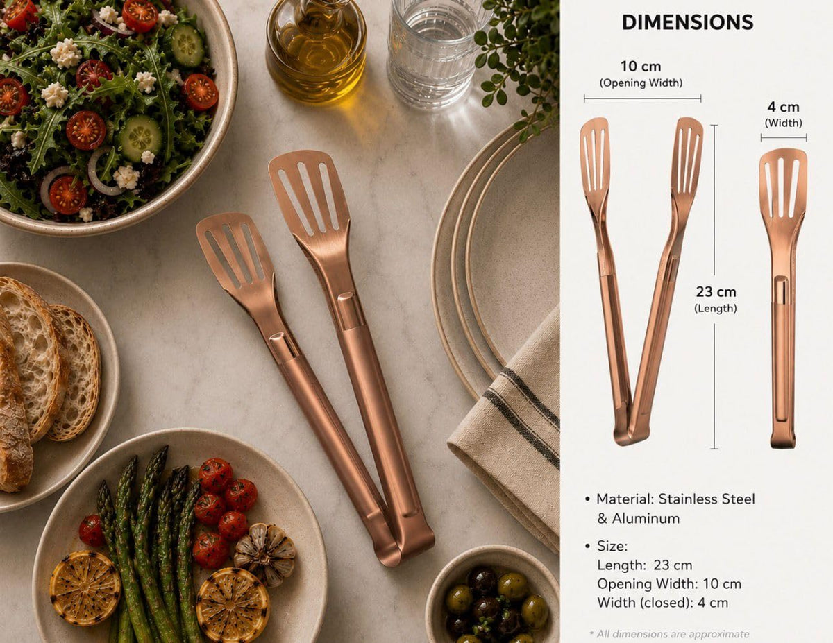 Downtown Stainless steel food tongs in bronze color for barbecue, serving food, desserts and buffets (bronze handle)