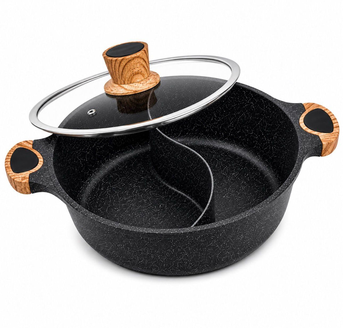 Downtown Nonstick Divided Cooking Pot 30 cm with Glass Lid, Dual Compartment Hot Pot Soup Cooker for Family Cooking and Shared Meals