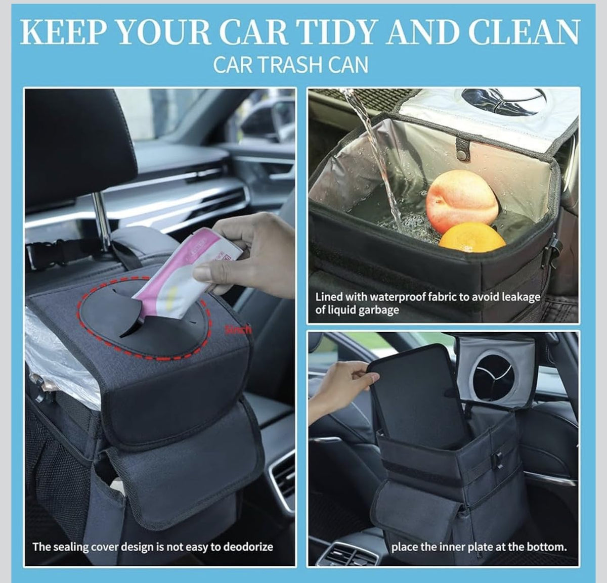 Downtown Car Seat Hanging Trash Bin Organizer Set of 2, Black Foldable Waterproof Storage Bags for Car Back Seat Organization