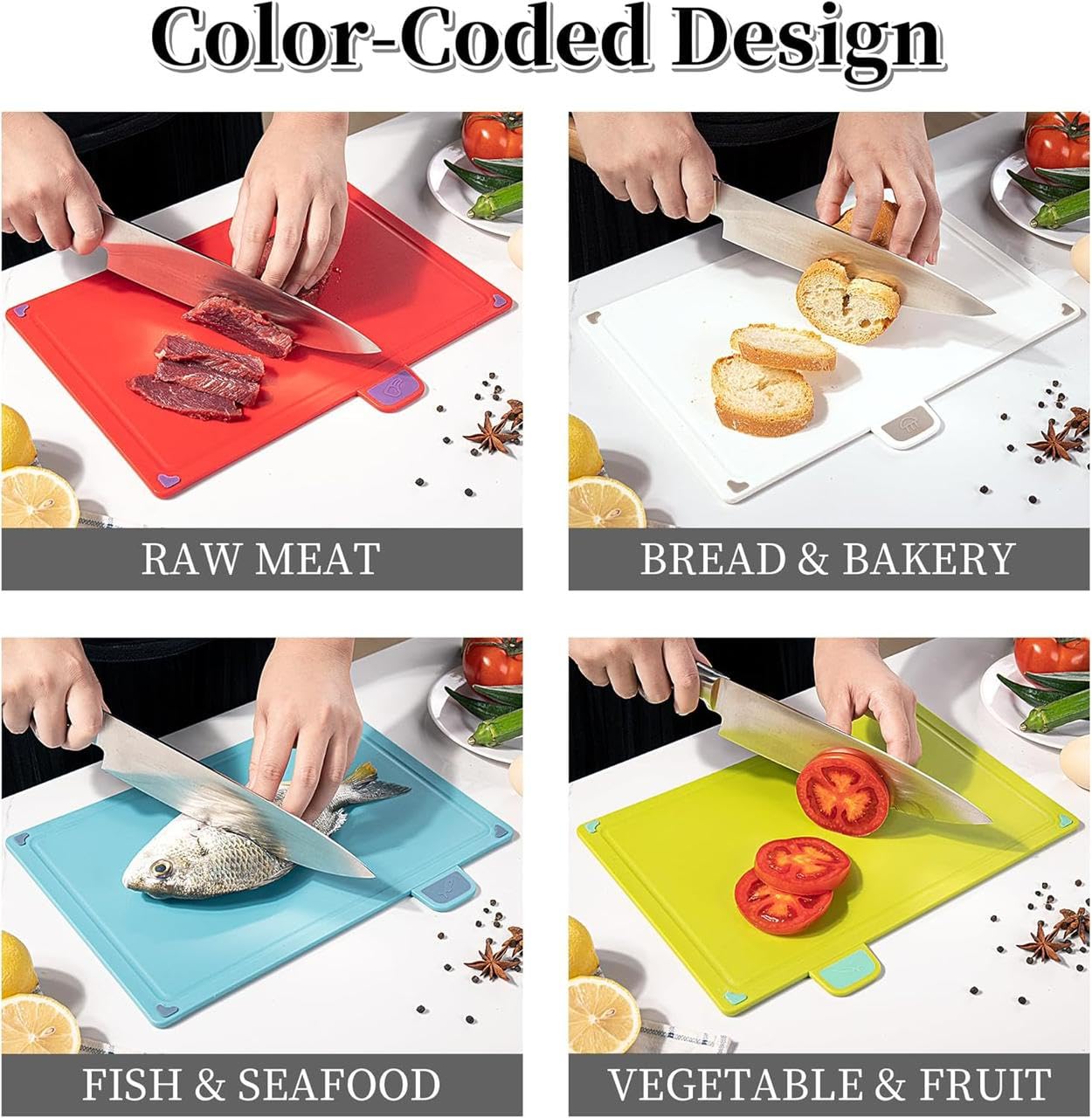 Downtown Color Coded Flexible Cutting Board Set with Storage Stand, 4 Piece Kitchen Boards for Meat Fish Vegetables and Bread