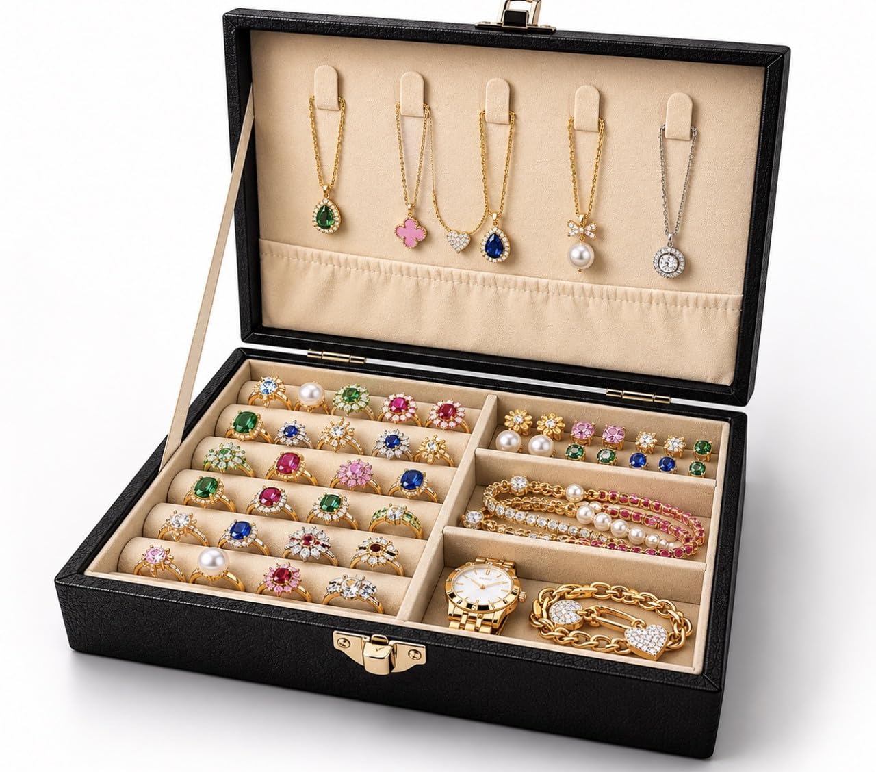 Downtown Luxury Jewelry Organizer Box, Black Storage Case with Necklace Holder Ring Tray Earring Compartments and Secure Clasp Closure