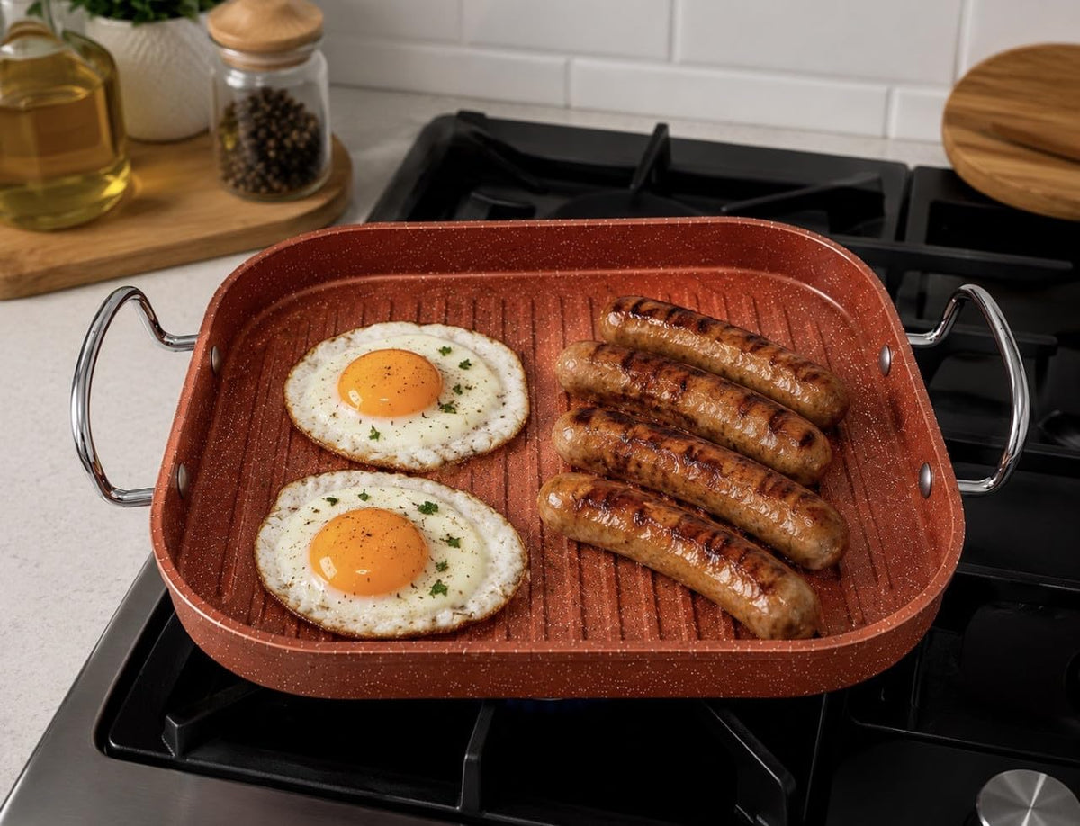 Downtown Nonstick Square Grill Pan 30 cm with Handles, Indoor Grill Tray for Meat Fish Vegetables Chicken and Stovetop Cooking