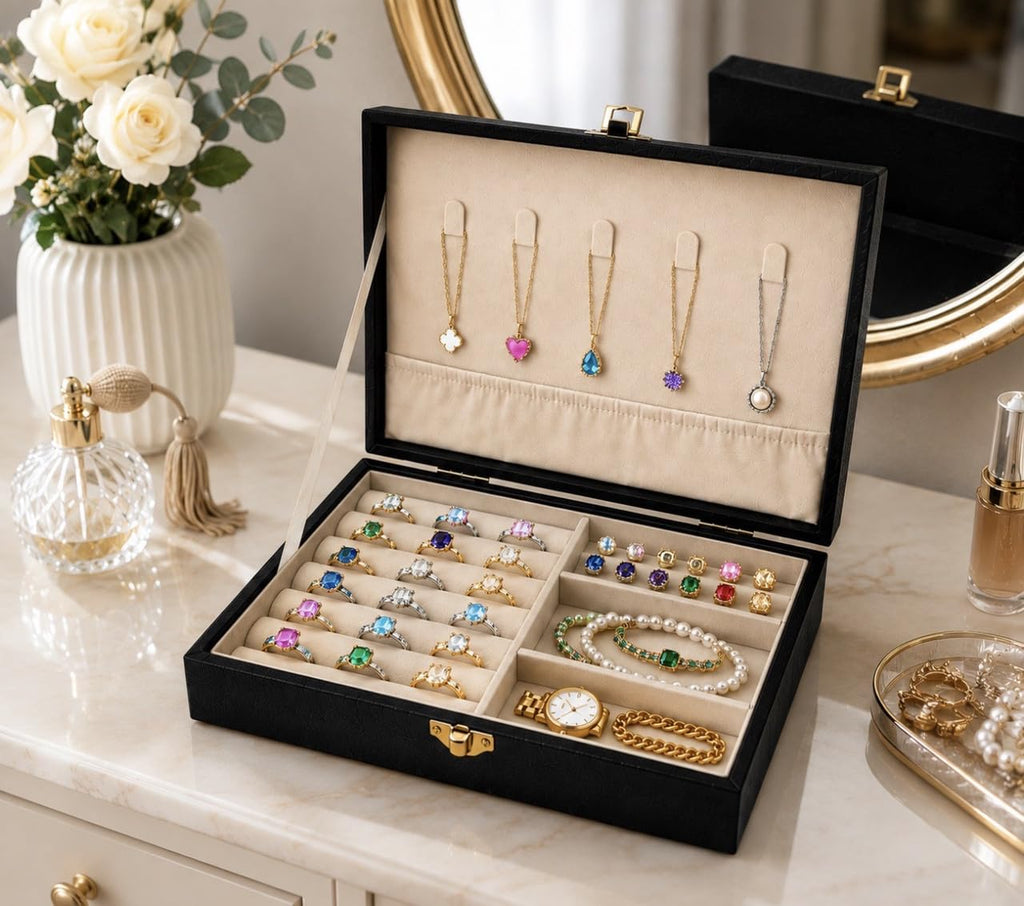 Downtown Luxury Jewelry Organizer Box, Black Storage Case with Necklace Holder Ring Tray Earring Compartments and Secure Clasp Closure