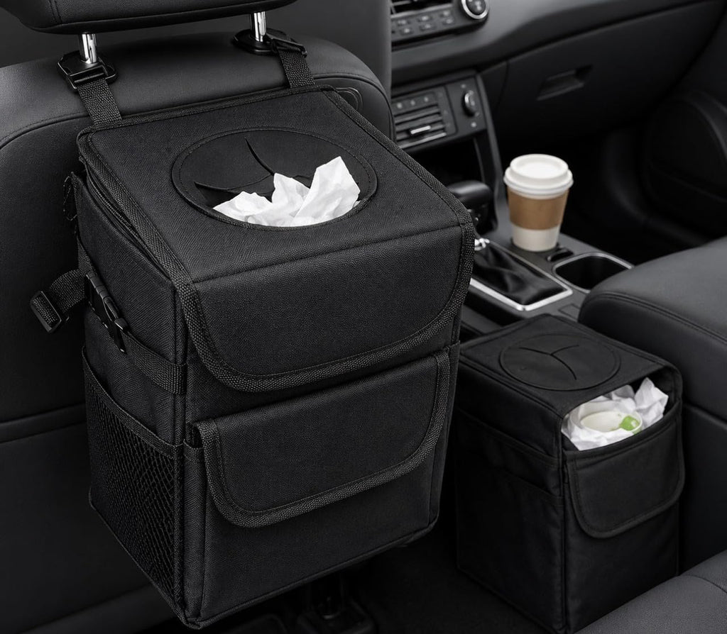 Downtown Car Seat Hanging Trash Bin Organizer Set of 2, Black Foldable Waterproof Storage Bags for Car Back Seat Organization