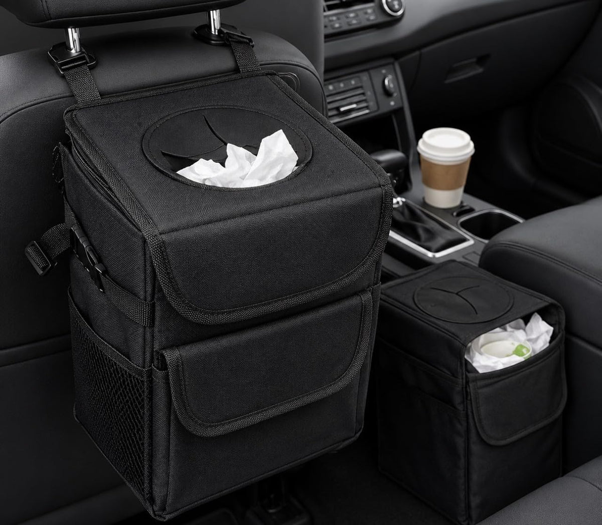 Downtown Car Seat Hanging Trash Bin Organizer Set of 2, Black Foldable Waterproof Storage Bags for Car Back Seat Organization