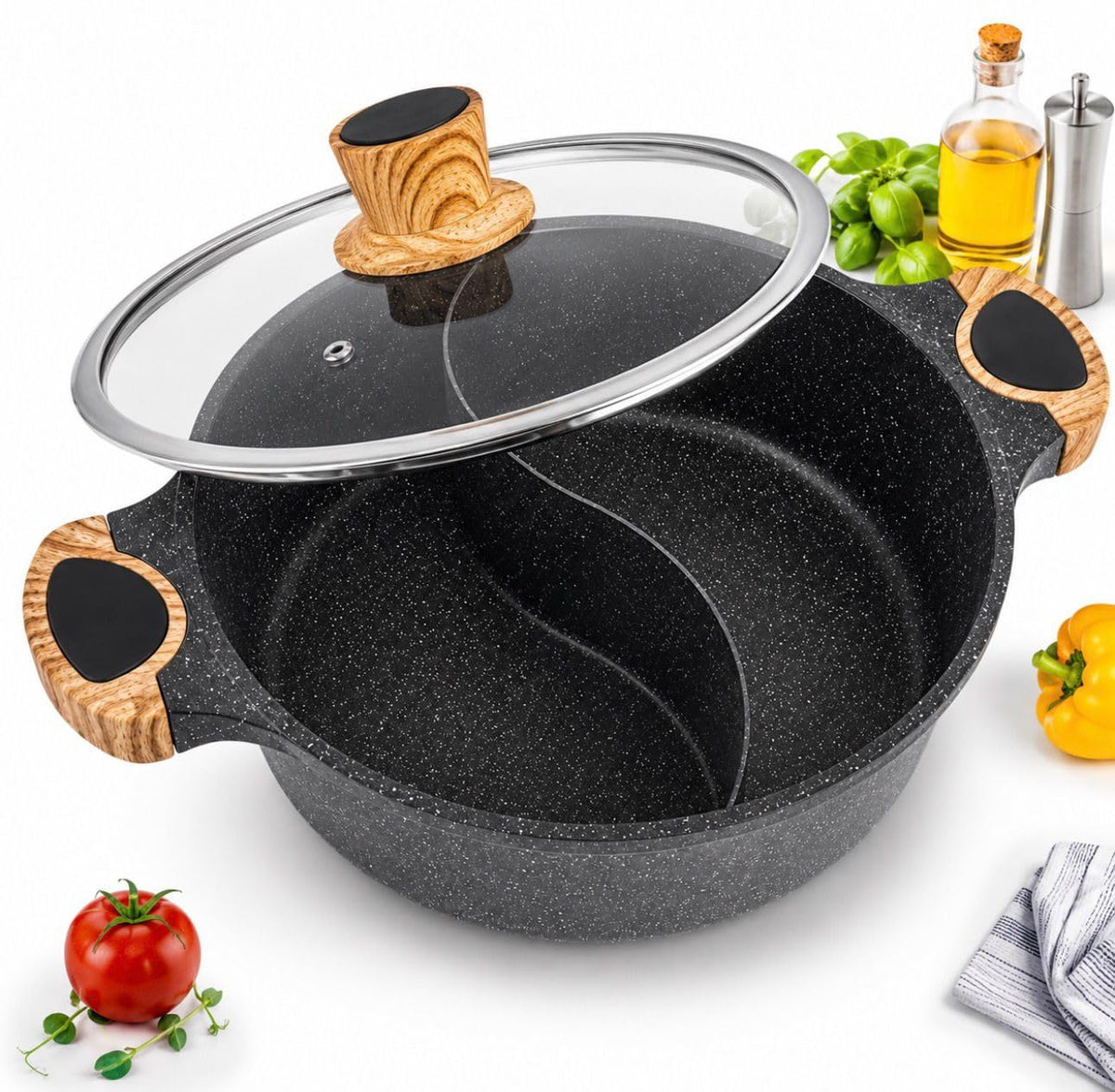 Downtown Nonstick Divided Cooking Pot 30 cm with Glass Lid, Dual Compartment Hot Pot Soup Cooker for Family Cooking and Shared Meals
