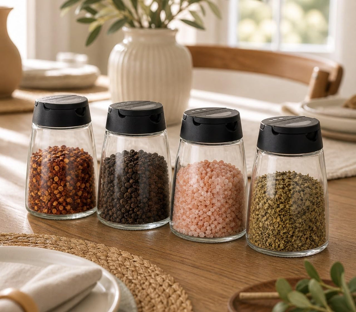 Downtown 4-Piece Glass Spice Jar Set, Kitchen Storage Bottles with Black Lids, Seasoning Container Organizer