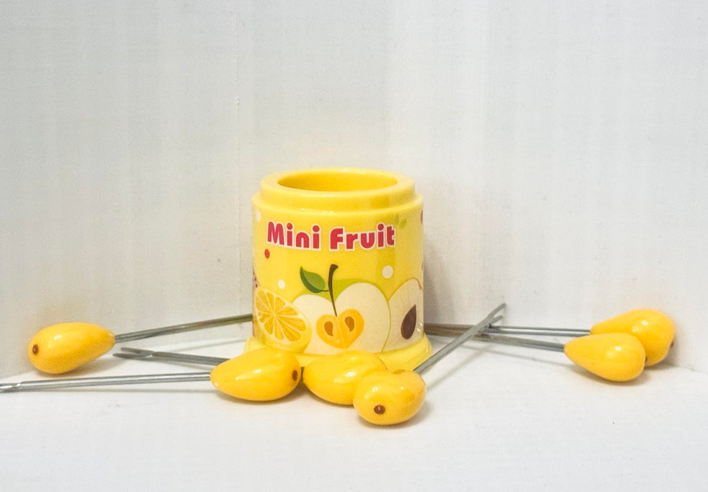 Downtown Mini Fruit Fork Set with Mango Design, 6 Piece Small Fruit Forks with Decorative Holder Stand for Fruits Salad Cheese Snacks and Dessert Serving